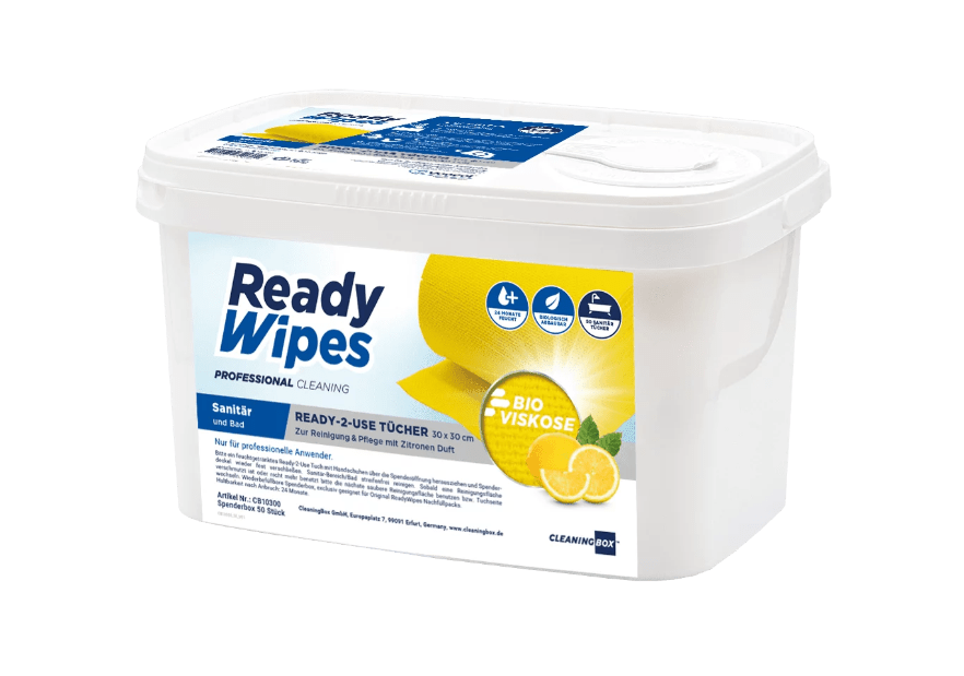 CleaningBox 5-in-1 Kompostierbare ReadyWipes Sanitär & Bad 50er Spenderbox Gelb, 30x30 cm - Weigola Premium Autopflege seit 1883