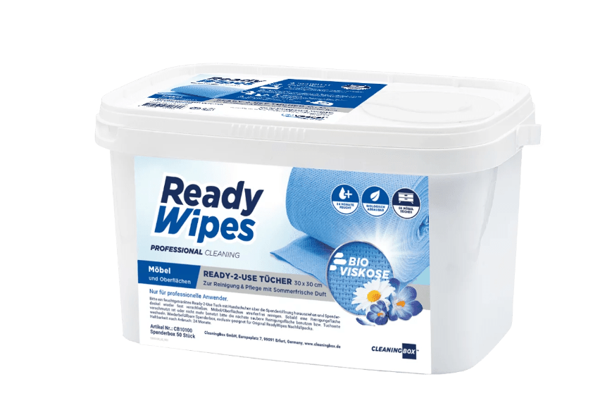 CleaningBox 5-in-1 Kompostierbare ReadyWipes Möbel & Oberflächen 50er Spenderbox Blau, 30x30 cm - Weigola Premium Autopflege seit 1883