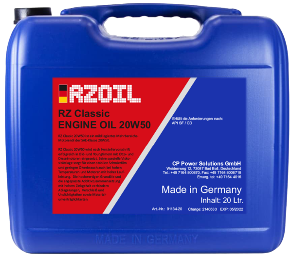 RZ Classic 20W50 - Mild legiert - Weigola Premium Autopflege seit 1883