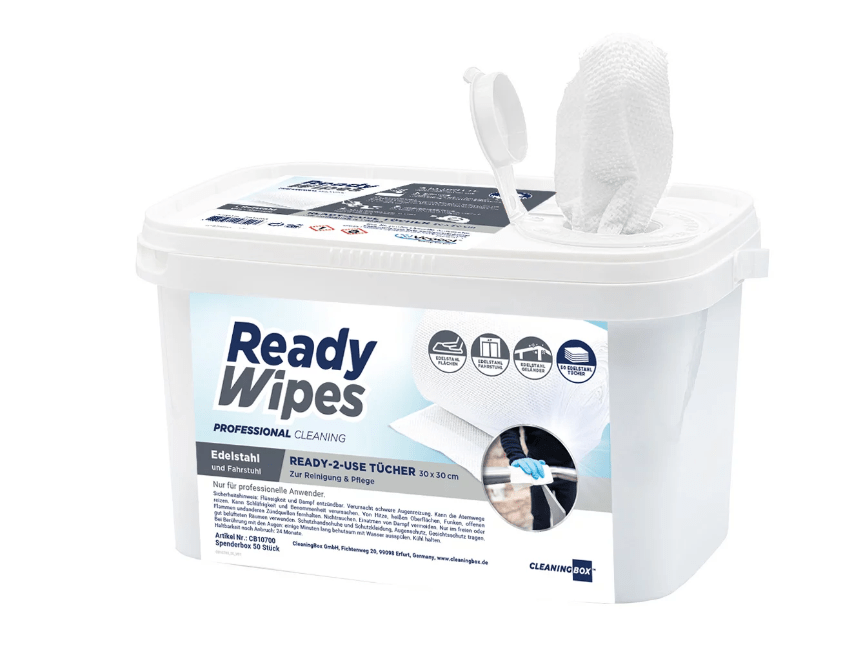 CleaningBox 4-in-1 Reinigungstücher Edelstahl & Fahrstuhl 50er Spenderbox, 30x30 cm - Weigola Premium Autopflege seit 1883