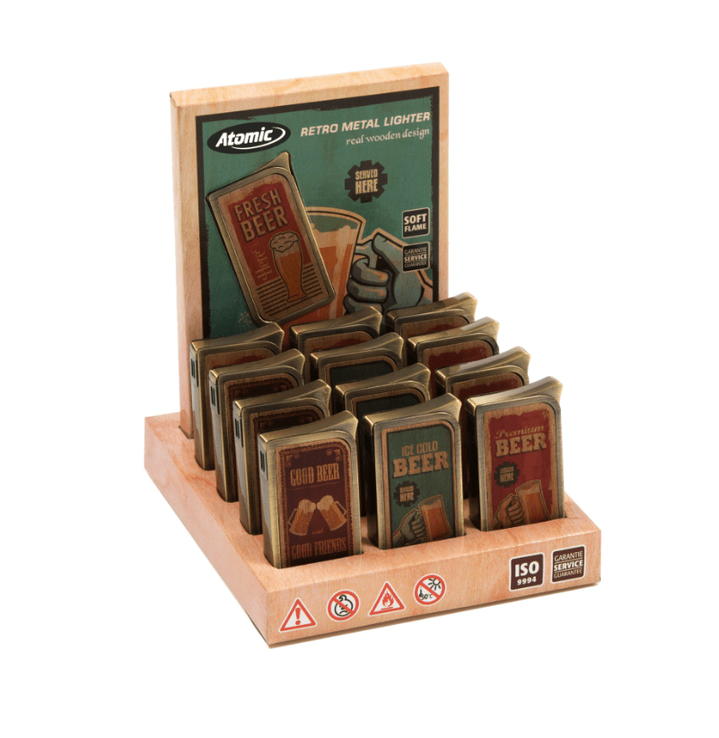 Atomic Bier Feuerzeug 12 Stück pro Display - Weigola Hygienevertrieb - - Weigola Hygienevertrieb