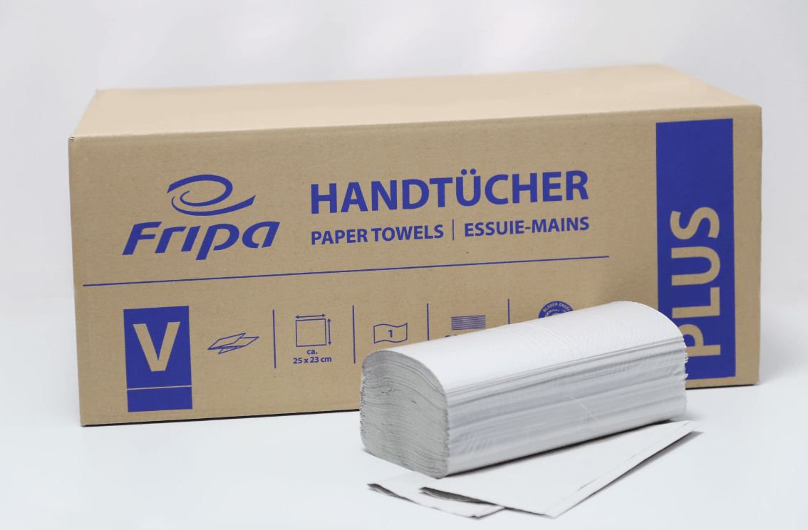 Fripa Papierhandtücher Plus 1-lagig grau V-Falz, 25 x 23 cm, Recyclingqualität, 5 - Weigola Hygienevertrieb - - Weigola Hygienevertrieb