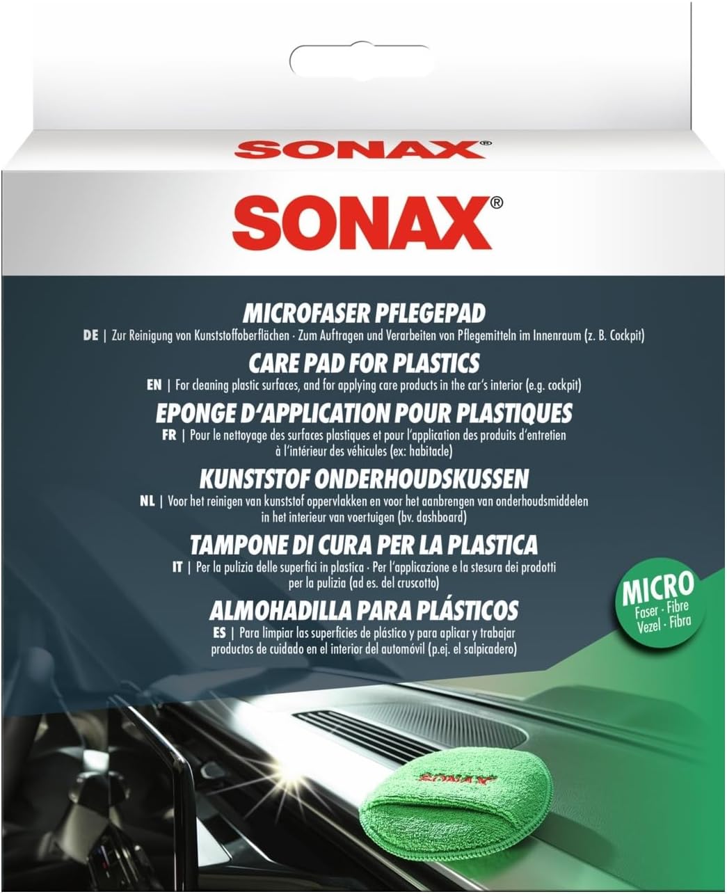 SONAX MicrofaserPflegePad (1 Stück) | für gleichmäßiges Auftragen von Kunststoffpflegemitteln im Innenraum und ein gründliches Ergebnis