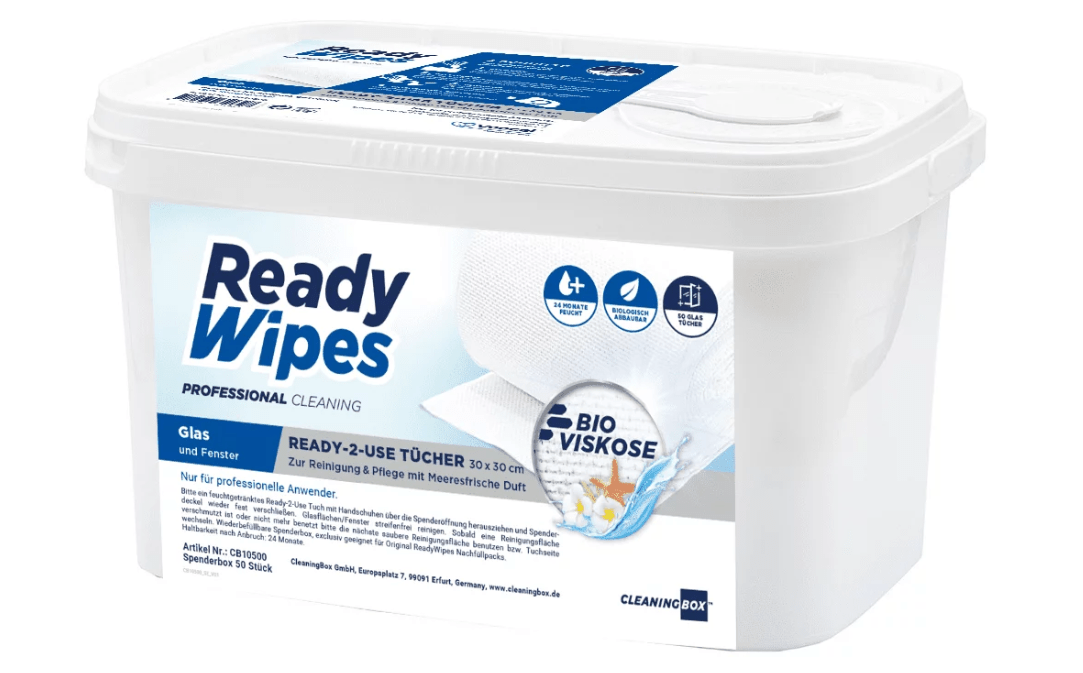 CleaningBox 5-in-1 Kompostierbare ReadyWipes Glas & Fenster 50er Spenderbox Weiß, 30x30 cm