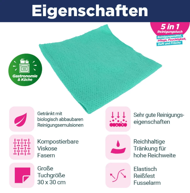 CleaningBox 5-in-1 Kompostierbare ReadyWipes Gastronomie & Küche 50er Nachfüllpack Grün, 30x30 cm