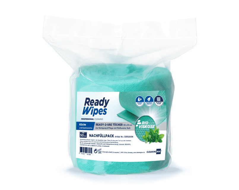 CleaningBox 5-in-1 Kompostierbare ReadyWipes Gastronomie & Küche 50er Nachfüllpack Grün, 30x30 cm